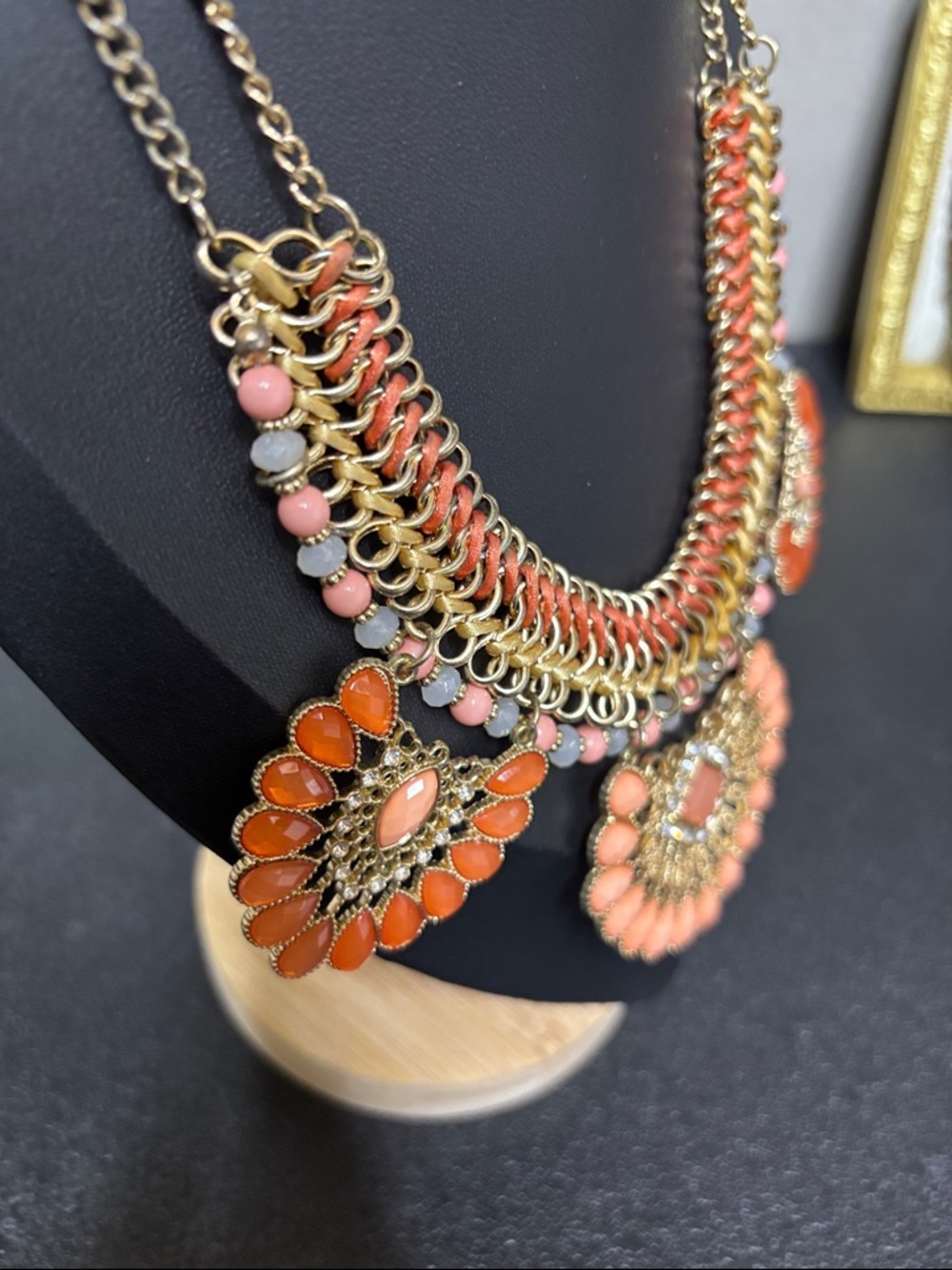 Bib Collar Beaded Braided Colorful Gold Tone Orange Boho Statement Necklace - Picture 5 of 7